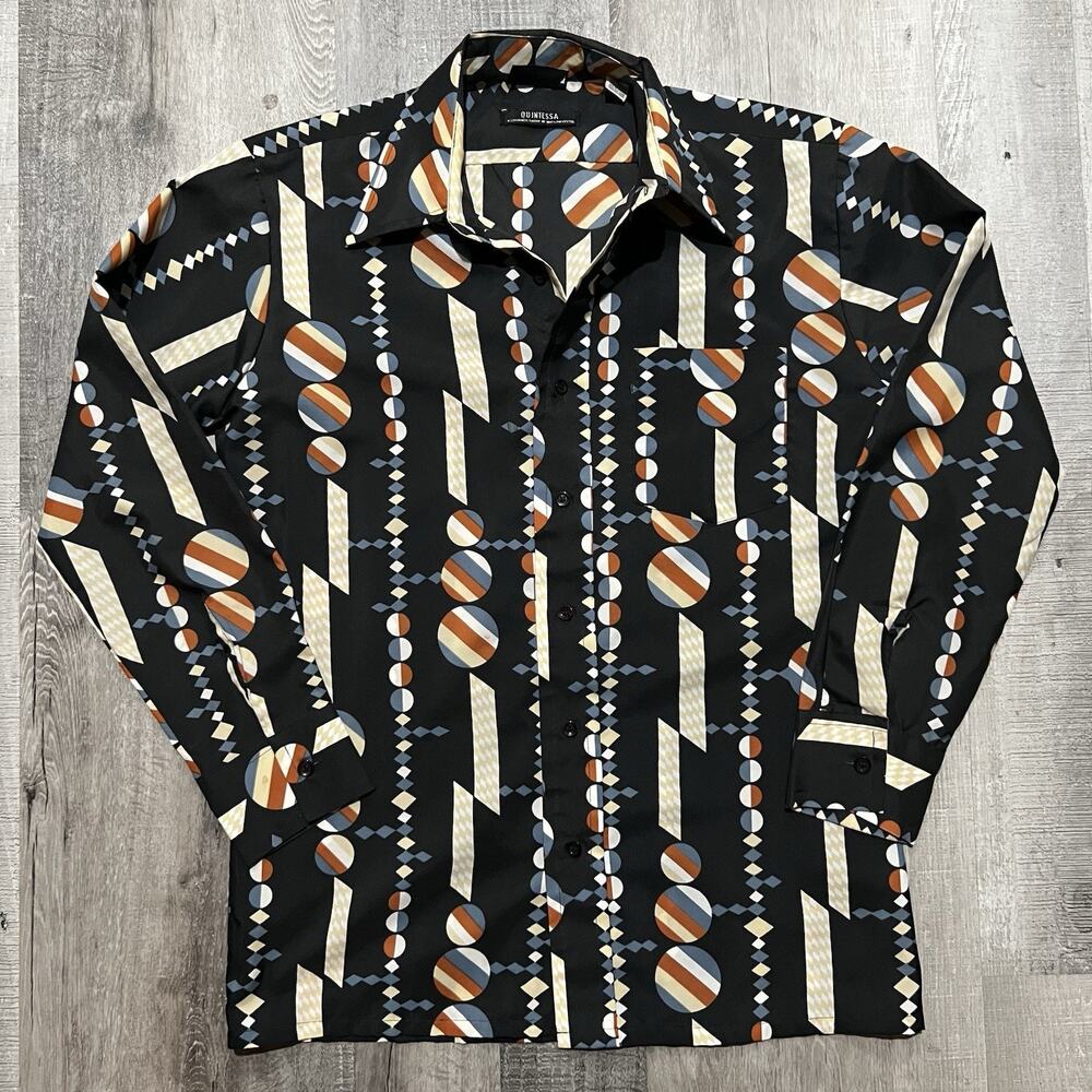VTG MEDIA Black Disco Quintessa Poly Button Shirt Men's Long Sleeve Geometric M